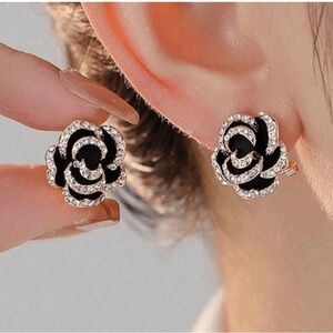 Camellia Earrings 18K Gold Plated Stainless Steel Womens Jewelry Black